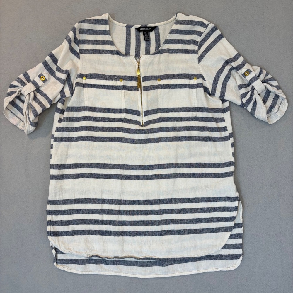Ellen Tracy Womens Med Striped Linen Blend Tunic top Navy White Sailing Beachy
